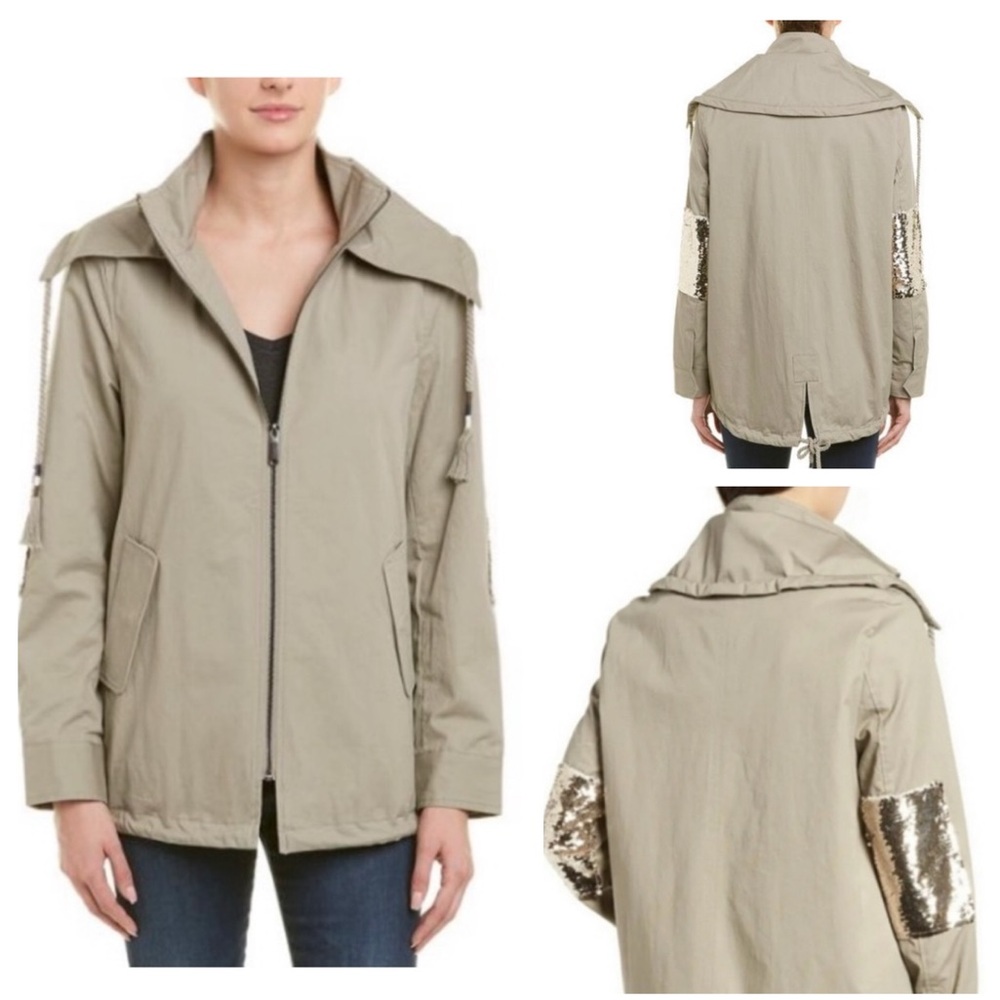 NEW Sam Edelman Sequin Elbow Patch Khaki Longline Anorak Utility Coat Jacket L